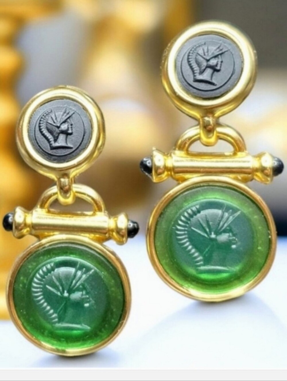 18k Gold Plated Byzantine Revival Intaglio Roman Warrior Dangle Earrings